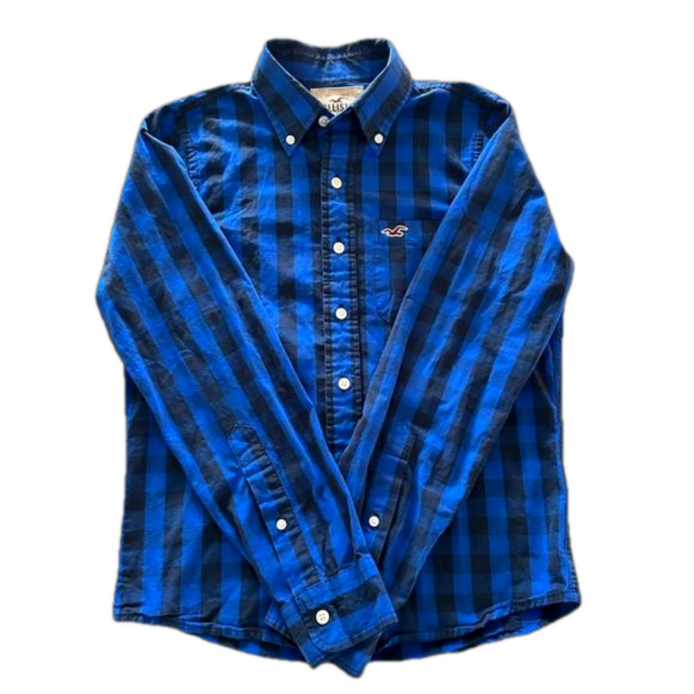 Hollister Button Down Shirt Checkered Blue Black Logo Size Small